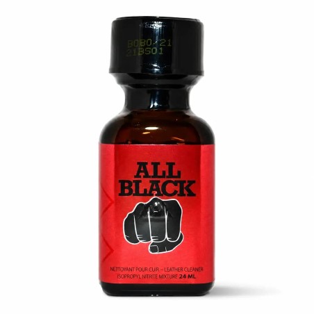 Flacon All Black Propyle 24 ml en verre brun avec étiquette rouge et design sobre à l'identité affirmée