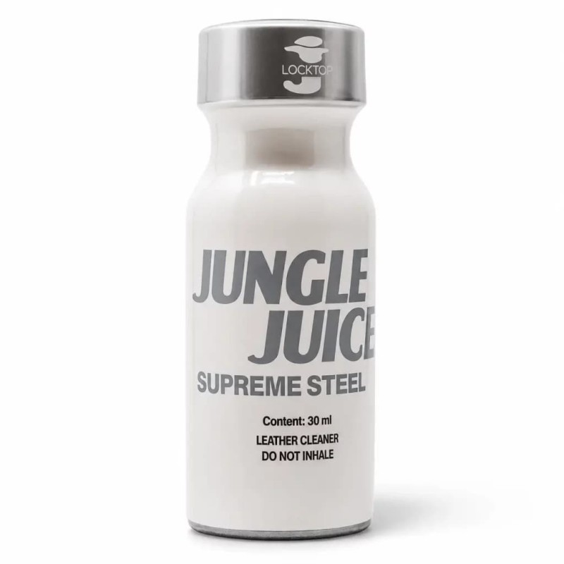 Flacon Jungle Juice Supreme Steel 30 ml en aluminium blanc et argent, design premium signé Lockerroom