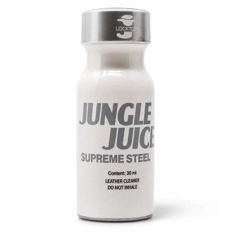 Flacon Jungle Juice Supreme Steel 30 ml en aluminium blanc et argent, design premium signé Lockerroom