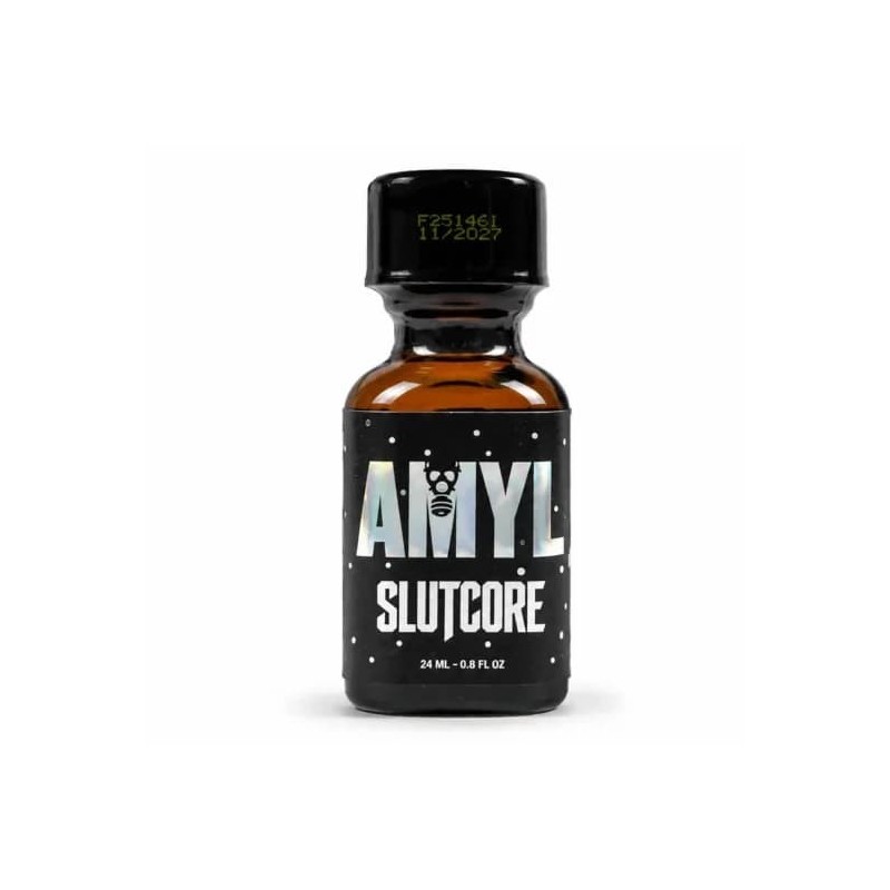 Flacon Amyl Slutcore 24 ml en verre brun avec design noir minimaliste et finition premium
