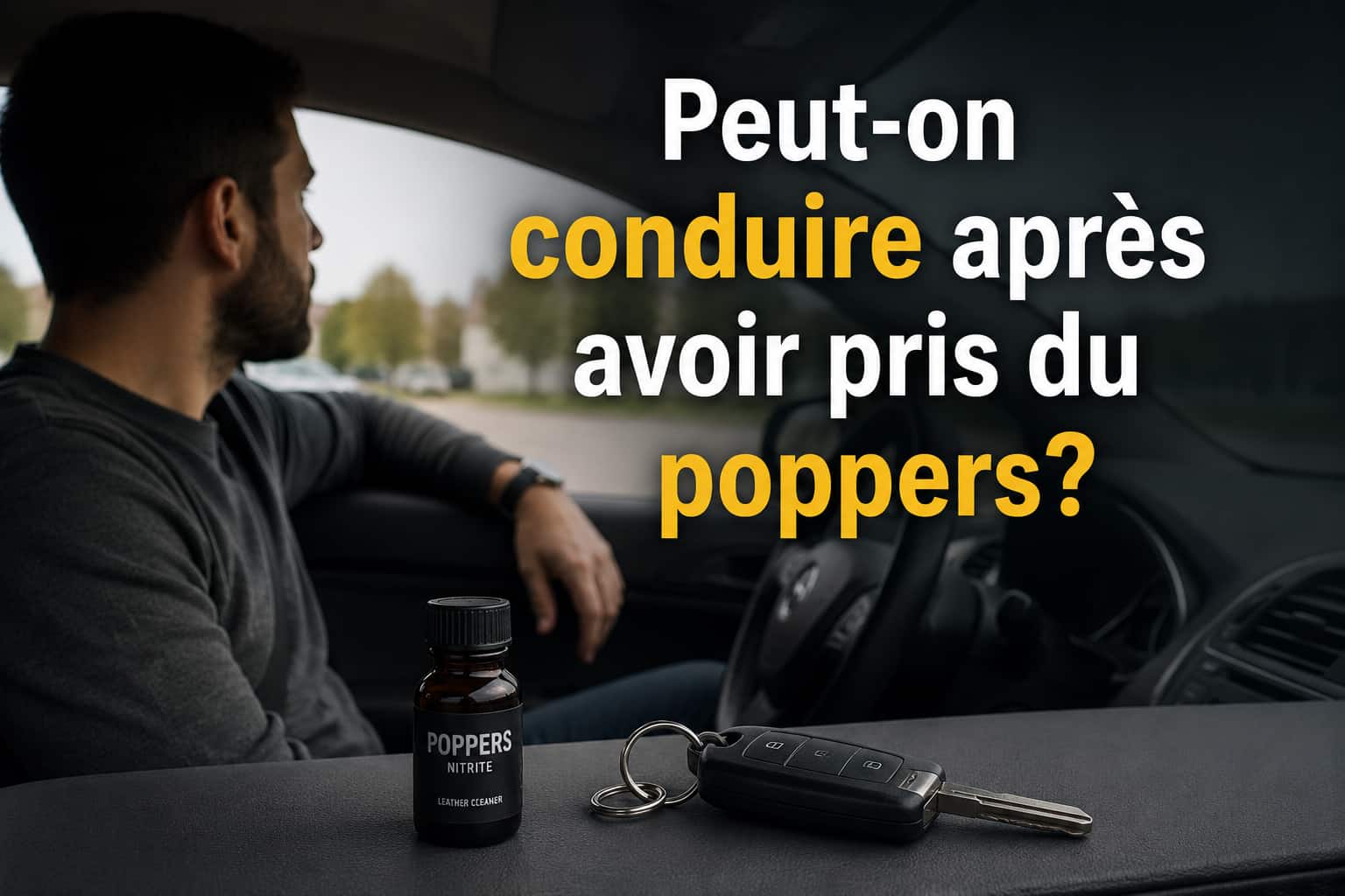 Conducteur attendant dans sa voiture avant de conduire après avoir utilisé du poppers, avec les clés posées sur le tableau de bord